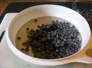 Unsorted blueberries in water